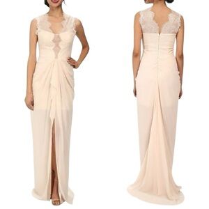 BCBGMAXAZRIA BRANDY VANILLA CREAM SLEEVELESS LACE DRAPED GOWN WITH TRAIN